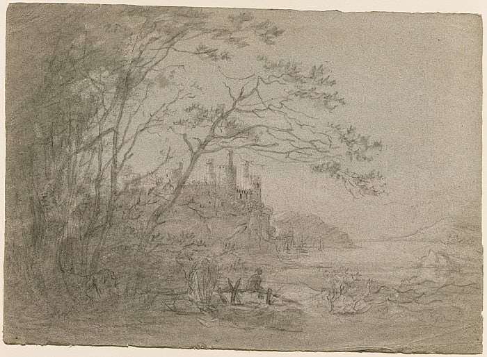 A Castle by a Lake and a Figure Seated on a Stile Slider Image 1